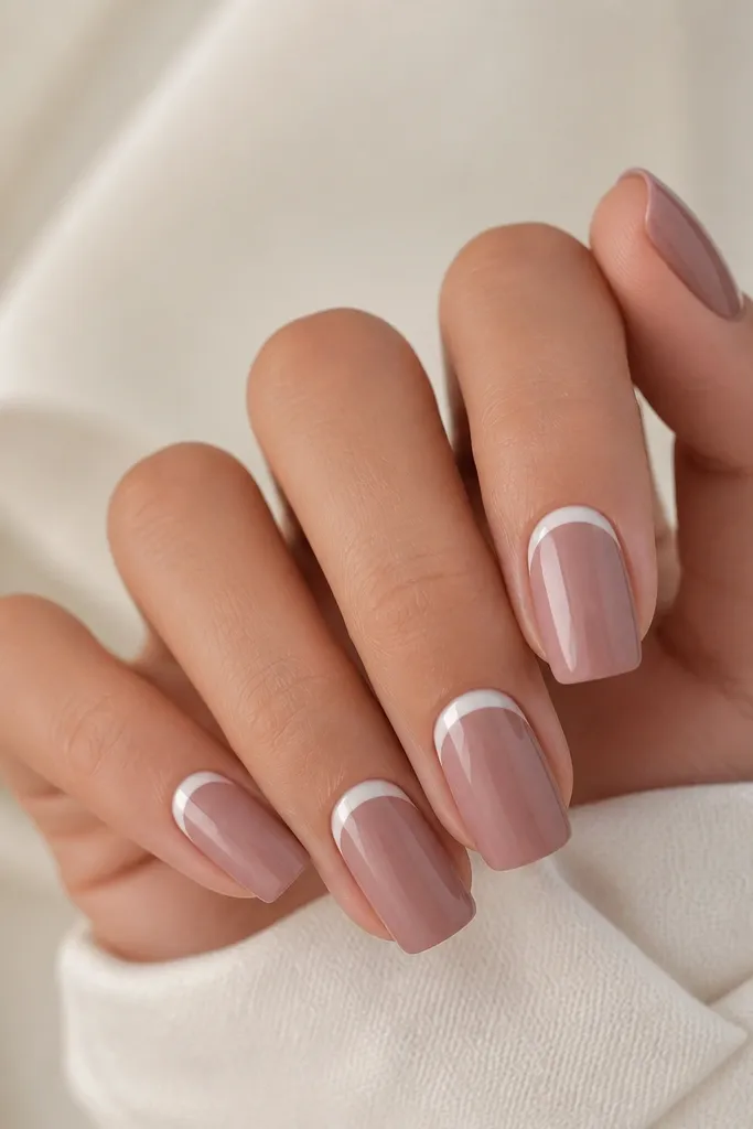 Medium squoval nails in cool mauve nude. At the cuticle line, tiny half-moon arcs in pale white sit just inside the nail bed. Everything is glossy and minimal.