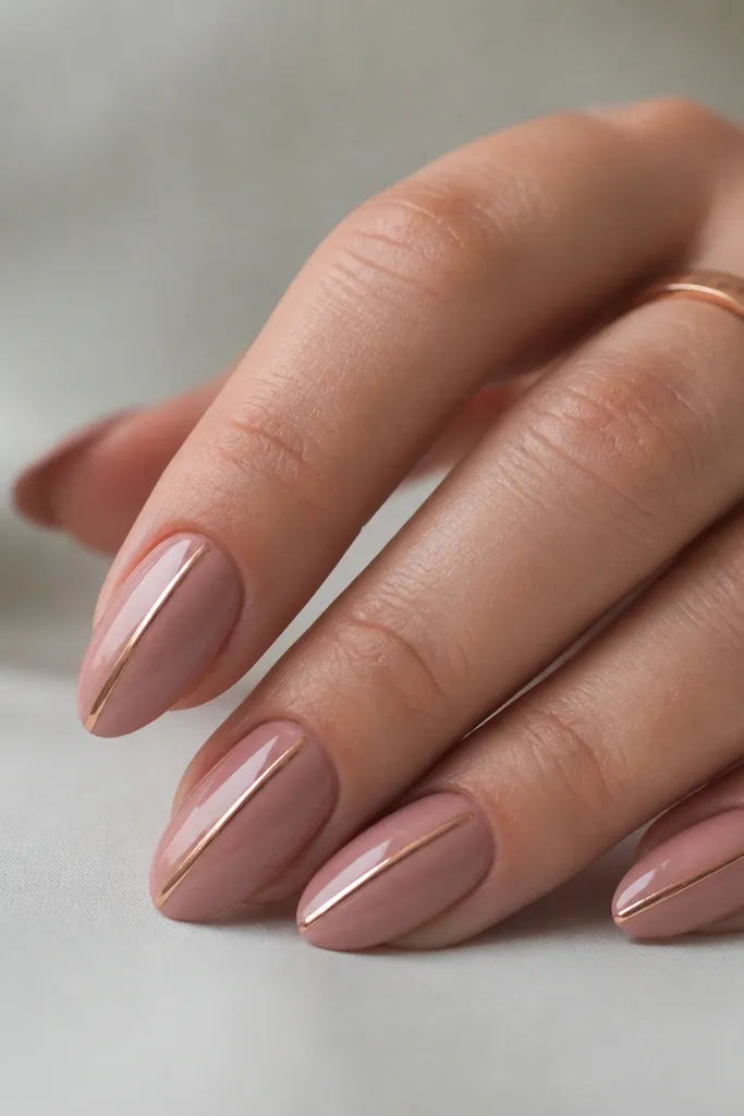 Medium almond nails in rosy nude. A single rose-gold strip runs straight down the center from just under the cuticle to near the tip. Glossy finish, clean edges.
