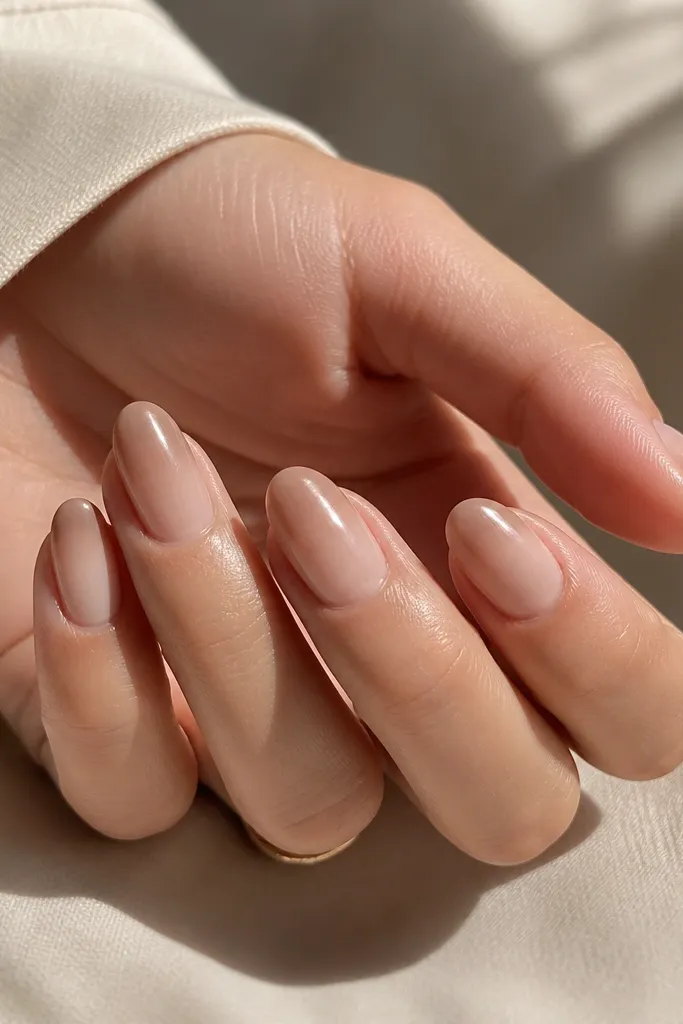 Short almond nails in sand nude. The color is slightly darker at the tips and fades smoothly toward the cuticle. Glossy, with a soft gradient and no visible brush marks.