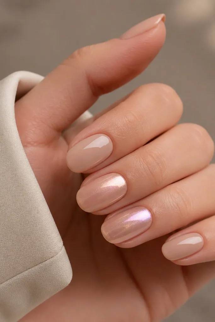 Nude oval nails in a classic neutral beige. Two accent nails have a soft nude chrome dusting that shifts from champagne to pale pink depending on angle. Others are plain glossy nude.