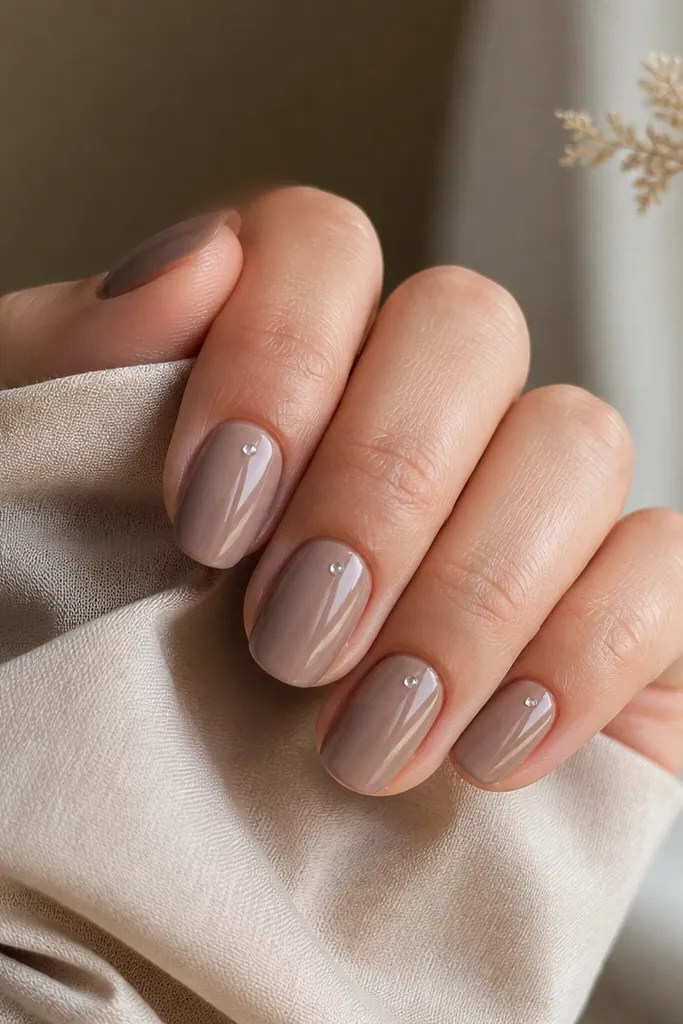 Medium squoval nails in taupe nude. On each nail, one tiny clear stud sits diagonally toward the outer side, about halfway between cuticle and tip. Glossy topcoat.