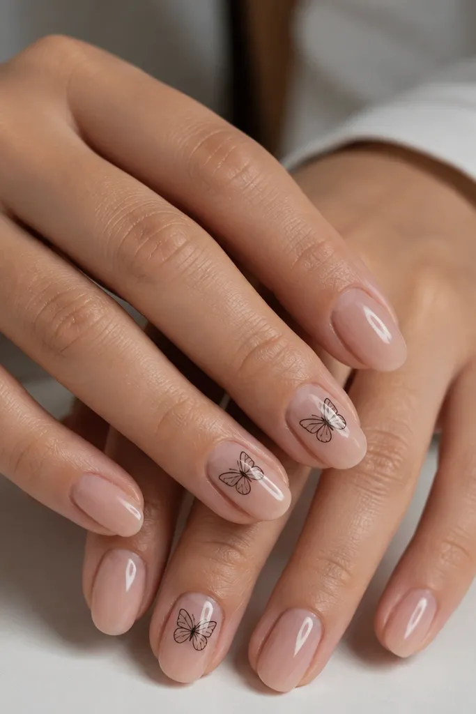 Clear-sheer nude nails. On two nails per hand, a black micro line-art butterfly sits near the center with delicate wings. Other nails are plain. Glossy finish.