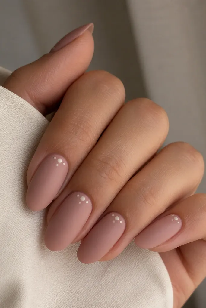 Short almond nails in nude rose. The nails are matte, and tiny white or pale nude dots sit in a cluster of three at the cuticle on each nail. No other art.