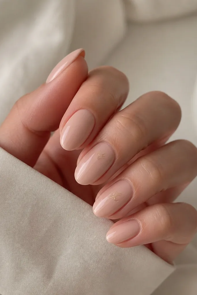 Creamy nude oval nails. On the ring finger, a tiny gold script letter sits diagonally near the sidewall. The rest of the nails are plain glossy nude.
