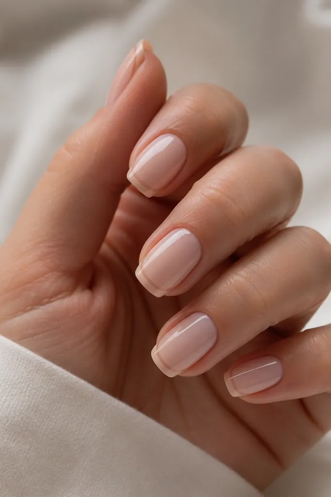 Medium squoval nails. The base is nude and glossy, but the French line is negative space - a thin clear arc near the tip. The rest of the nail is nude.