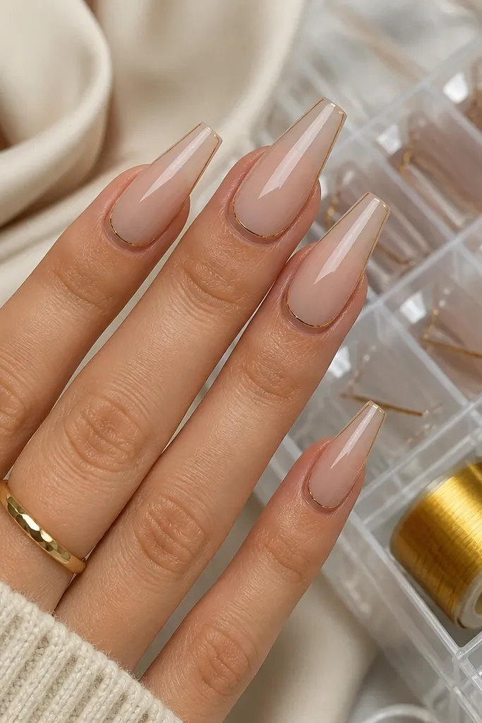 Nude coffin nails with a crisp nude base and thin French tips. A fine gold strip runs like a microline at the smile line. A nail storage organizer with a roll of gold foil is visible.