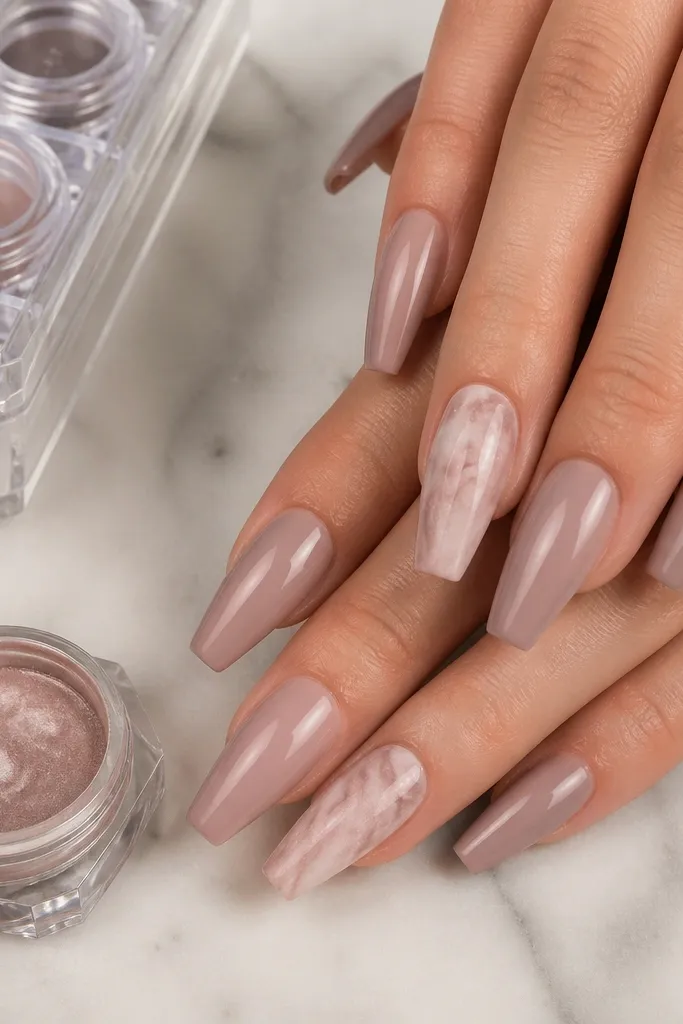 Coffin nails in rose taupe nude. One accent nail per hand has a soft marble pattern in taupe and pale pink. A small marble pigment pot and storage case are shown.