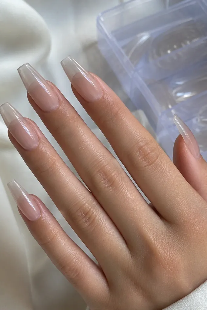 Sheer nude coffin nails with a glassy finish, minimal coverage visible at the nail bed. No gems. A clear organizer with spare tips is in the background.