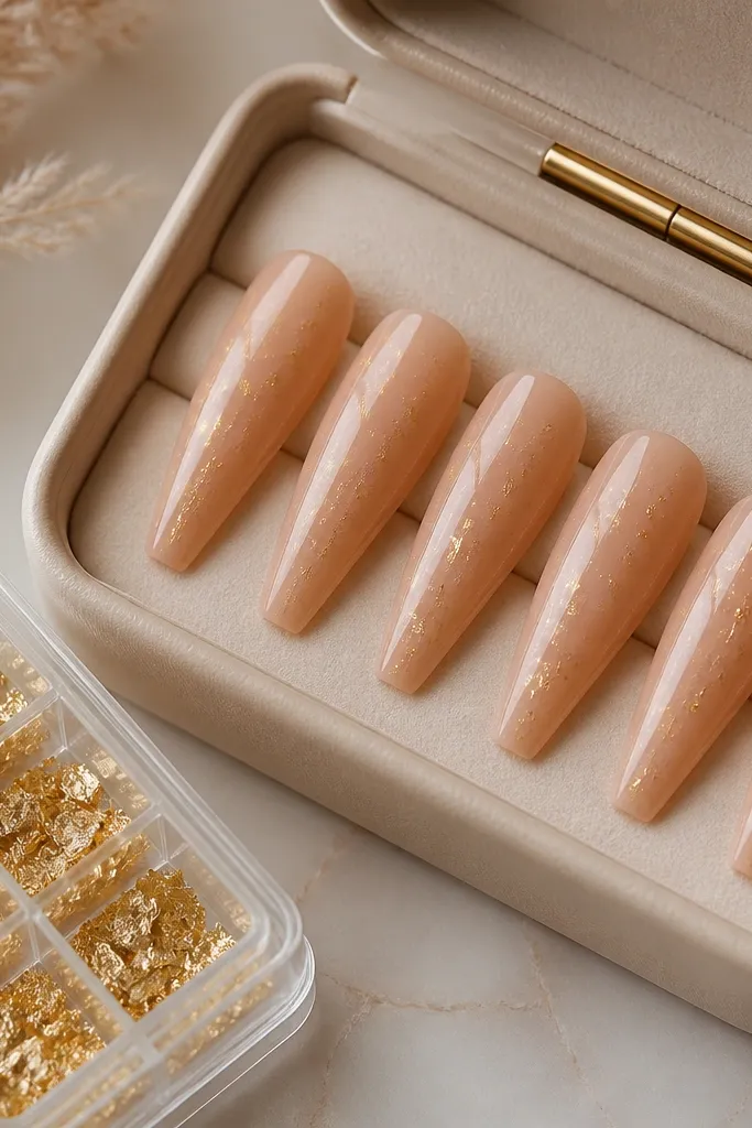 Beige nude coffin nails with fine gold flakes suspended under clear top coat. A small compartment tray of gold flakes sits beside a nail case.