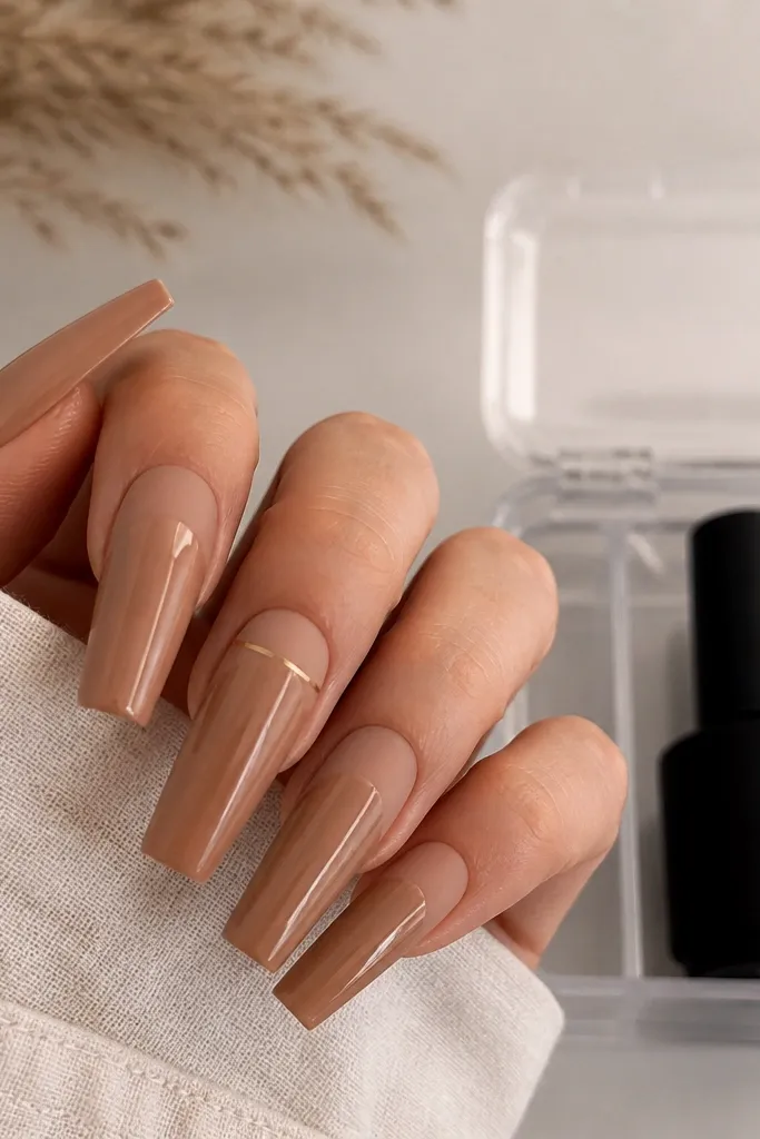 Caramel nude coffin nails where the cuticle area is matte and the rest is glossy. One nail shows a thin gold line separating matte and gloss. A storage case with matte top coat bottle is pictured.