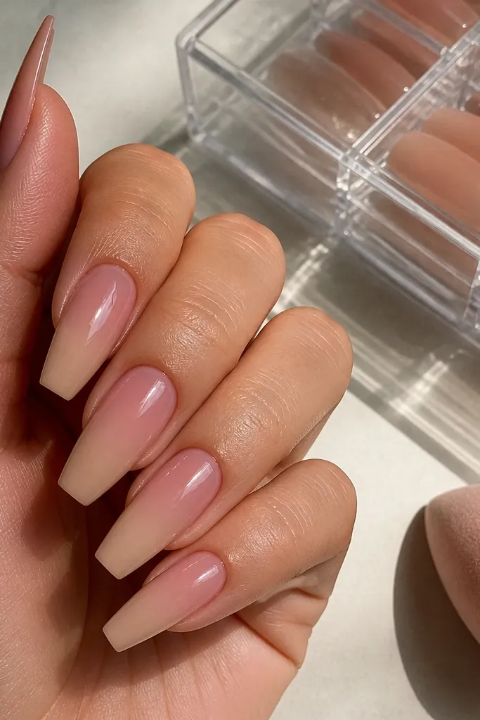 Nude coffin nails with a blush ombré that fades from the cuticle into a nude base. The gradient is smooth and glossy. A makeup sponge and a nail storage organizer are shown.