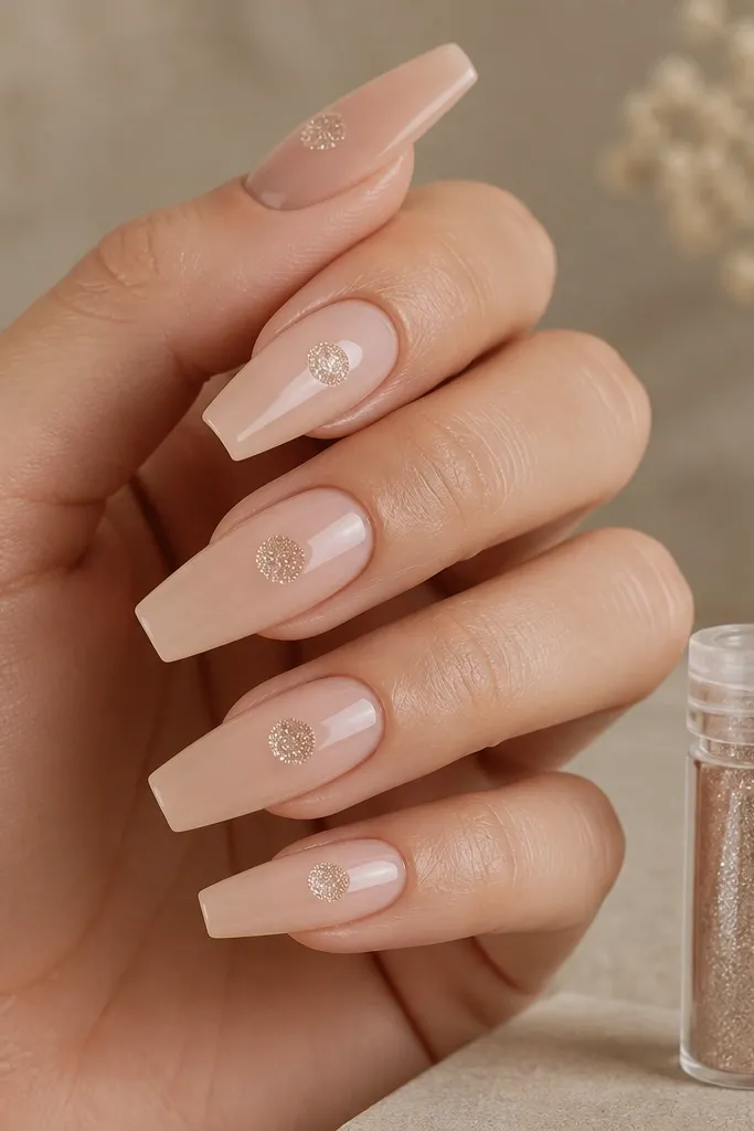 Soft nude coffin nails with a small glitter dome centered on the nail, leaving the rest of the nail clear nude. Glitter is fine and controlled. A micro glitter storage vial is shown.