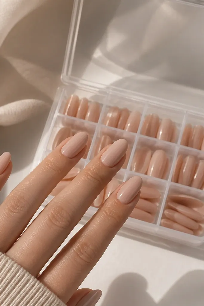 Nude acrylic nails with storage