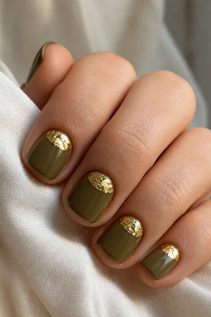 Short square nails painted khaki-olive. On each nail, the bottom half-moon near the cuticle is covered with irregular gold foil pieces, leaving a clean olive border around it.
