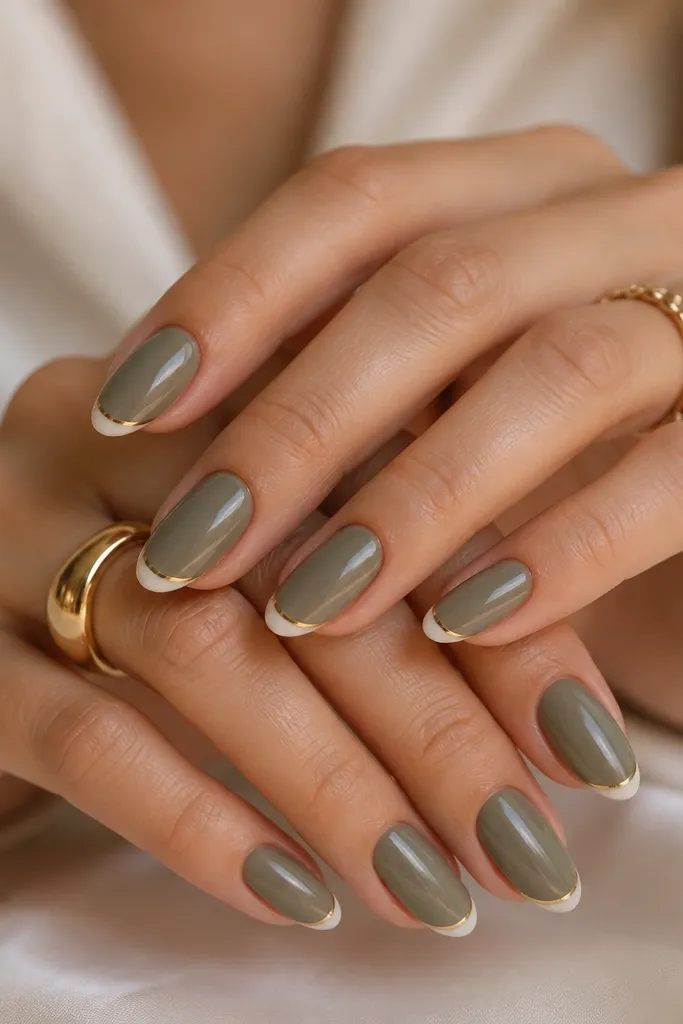 Medium almond nails in gray-olive. Classic French tips are clean and narrow, and a single thin gold line runs parallel to the tip edge on every nail.