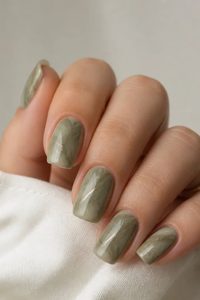 Nails with soft olive marble swirls - dark and light gray-olive streaks. One or two nails show a fine gold line running like a vein through the marble, with the rest staying mostly marble.