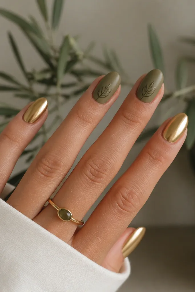 Some nails are full metallic gold. The remaining nails are olive green. On each olive nail, there's a single thin leaf outline in olive (or darker olive) centered near the cuticle.