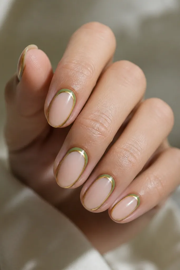 Nails are sheer nude with a narrow olive frame around the cuticle, shaped like a soft oval. A thin gold outline traces the outer edge of the olive frame on each nail.