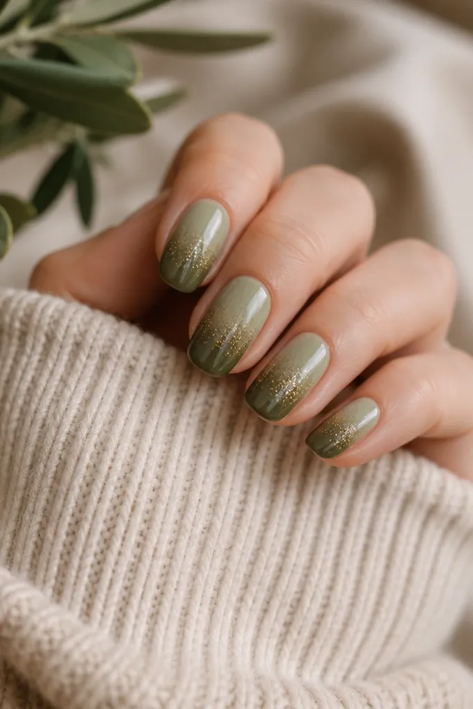 Nails show a vertical gradient from sage olive at the cuticle to deeper olive at the tip. A soft gold glitter fade starts halfway down and thins toward the tip.