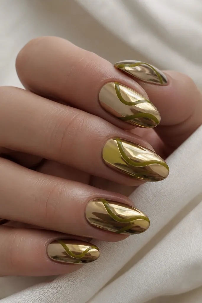 Nails are gold chrome with mirror shine. Over them, thin olive green swirl lines curl diagonally across each nail, leaving gold visible between the lines.