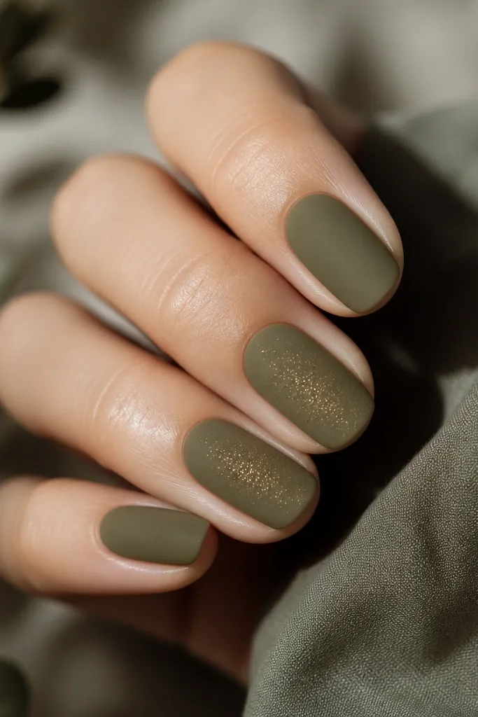 Nails are a soft olive matte-velvet finish (slight fuzzy look). On top, there are tiny gold speckles scattered like dust across two nails, concentrated near the center.