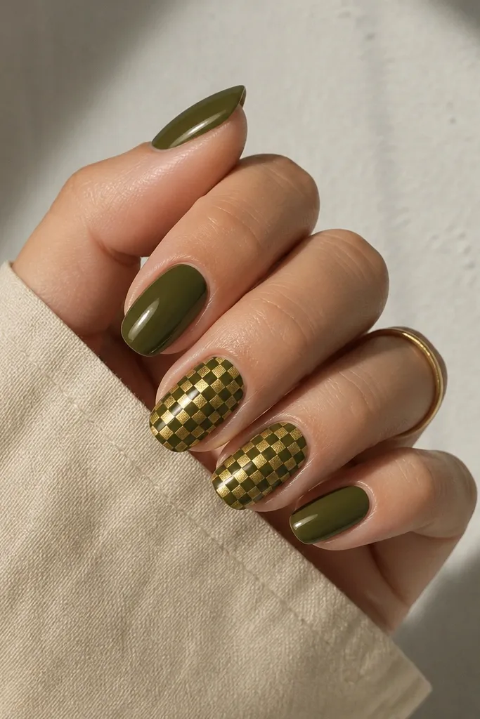 Two nails show a tiny checker pattern in olive and gold. The other nails are solid olive with a glossy finish.