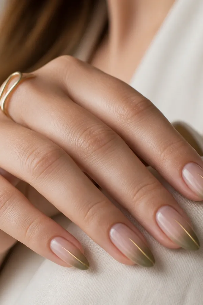 Nails have a soft ombré from sheer nude at the base to olive at the tips. A single gold thread-like line runs diagonally from mid-nail toward the tip on each nail.
