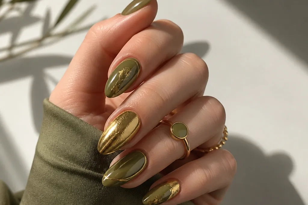 Olive green and gold nails with stylish details