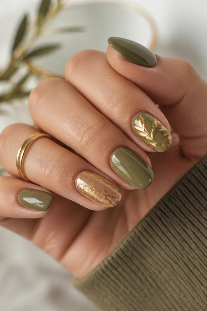 Olive green and gold nails with stylish details
