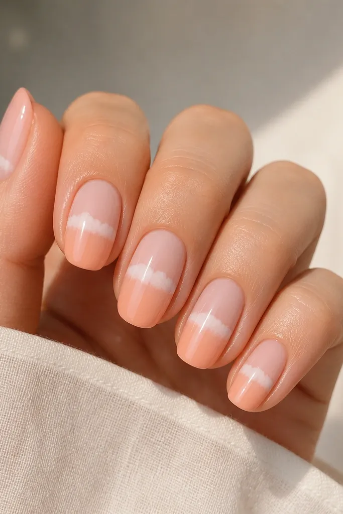 Five nails in a soft ombré from sheer blush at the cuticle to peach at the tip. A thin, milky white cloud band sits around the middle of each nail, slightly curved like a horizon mist.