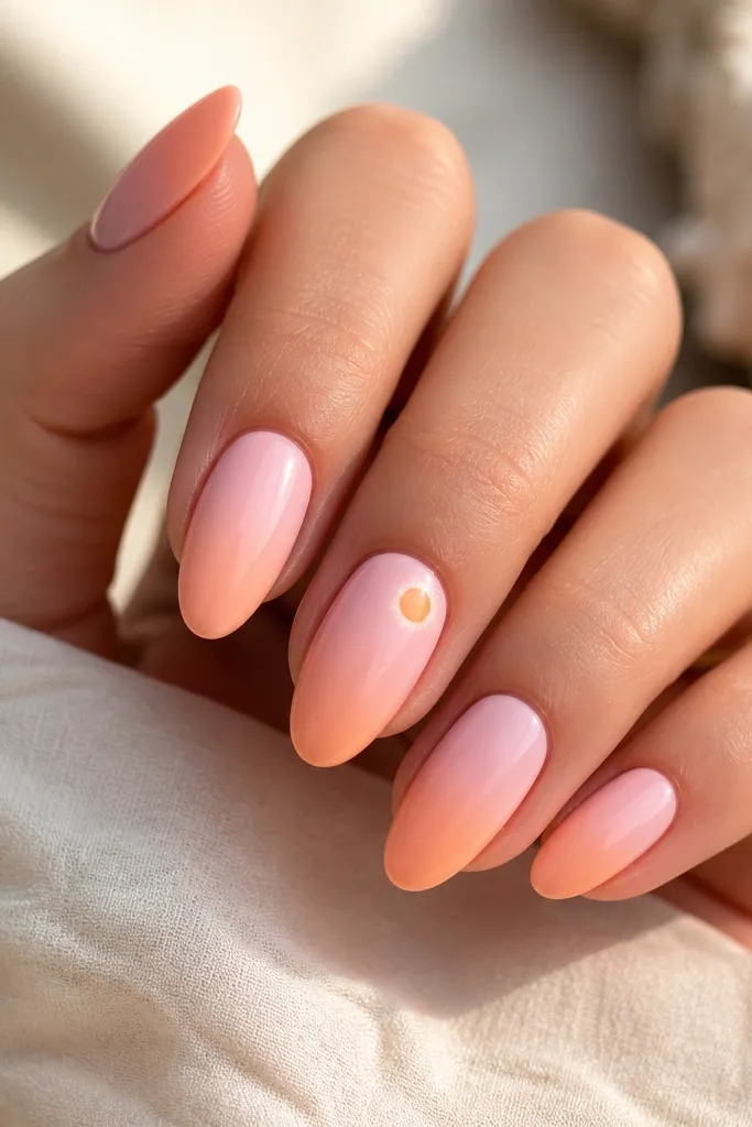 Nails fade diagonally from pale pink near one side of the cuticle to warm peach at the opposite tip. One accent nail has a small circular sun spot near the cuticle, surrounded by a faint halo glow.