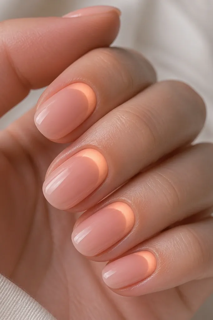 A reverse sunset effect: the cuticle area is a peachy glow shaped like a half-moon, fading into a sheer blush body. The rest of the nail is smooth and soft with no extra lines.