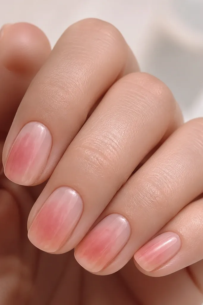 Each nail has a soft pink watercolor wash with blurred edges near the center. Peach tones show through like light behind the pink, with a faint haze effect and no sharp lines.