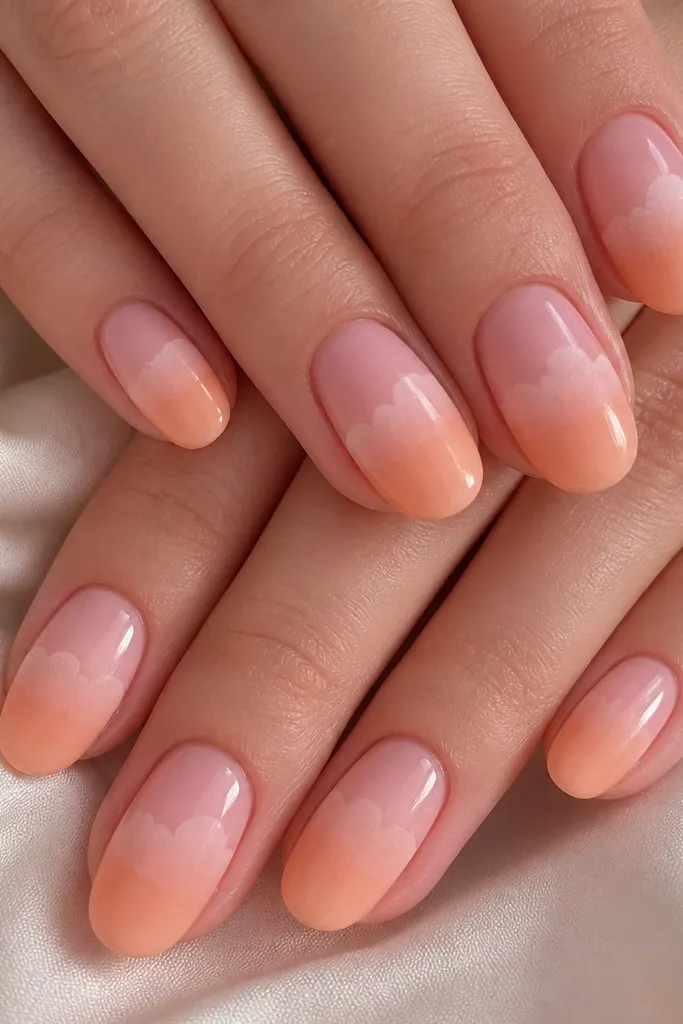 A glossy ombré from blush to peach on all nails. Over the middle of each nail, a matte cloud shape sits like fog, with a visible texture difference between glossy sky and matte cloud.