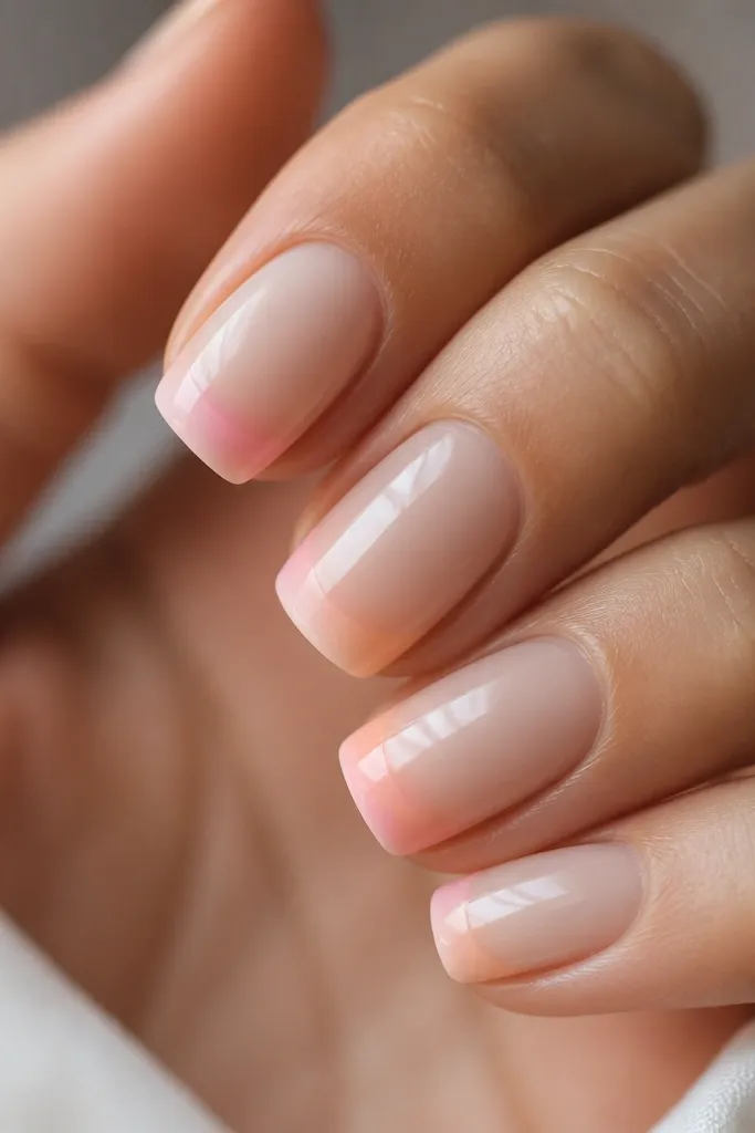 Soft French tips where the free edge fades from pale pink at the outer tip into peach near the smile line. The base is sheer and clean, with a subtle glow at the tip.