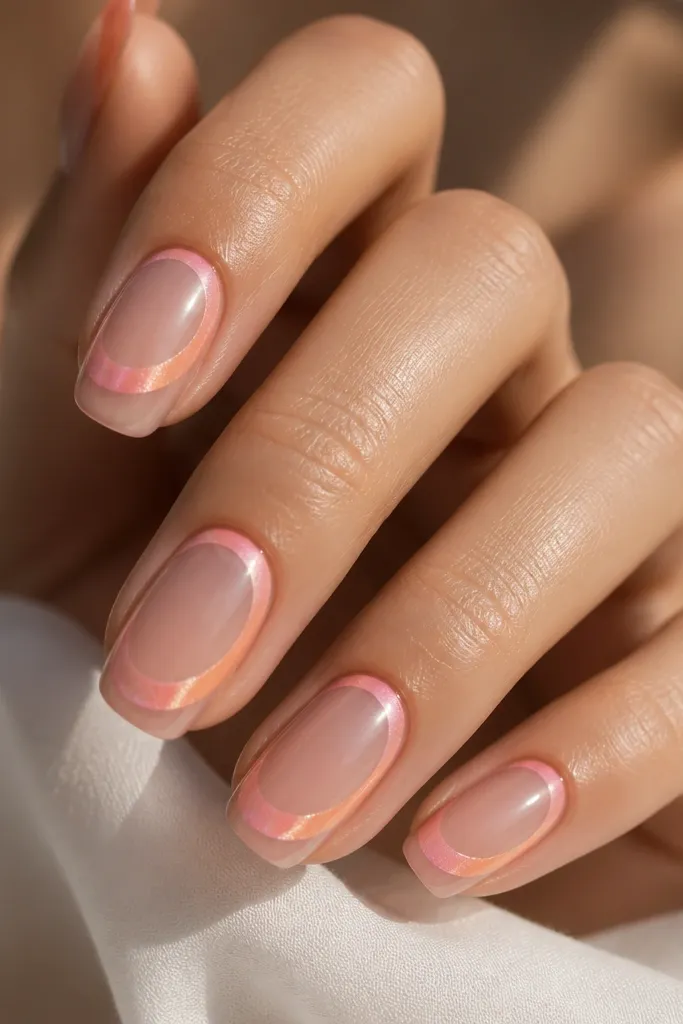 A sheer negative-space nail with a sunset glow forming a curved frame across the middle. The frame fades from pink to peach, leaving the center mostly clear and glassy.