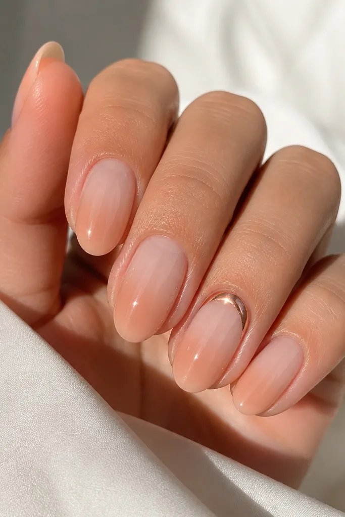 Blush sheer nails with a soft peach gradient in the lower half. On one or two accent nails, a peachy chrome arc sits like a sun flare near the cuticle, with a subtle mirrored sheen.
