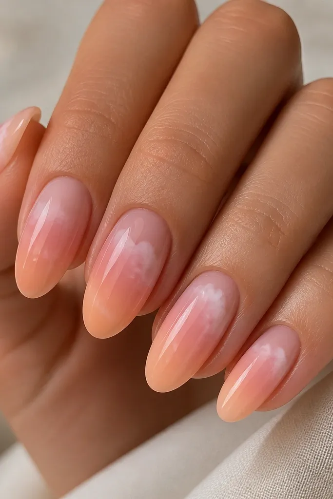 Each nail has a broad swoosh across the middle: blush on top fading into peach below. A few thin milky white cloud smudges sit above the swoosh like smoke.