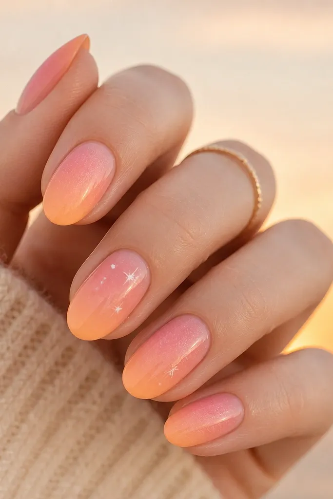 A blush-to-peach sunset gradient on all nails. On two accent nails, there are tiny micro dots and one or two small star shapes near the upper sky area, all in pale silver and milky white.