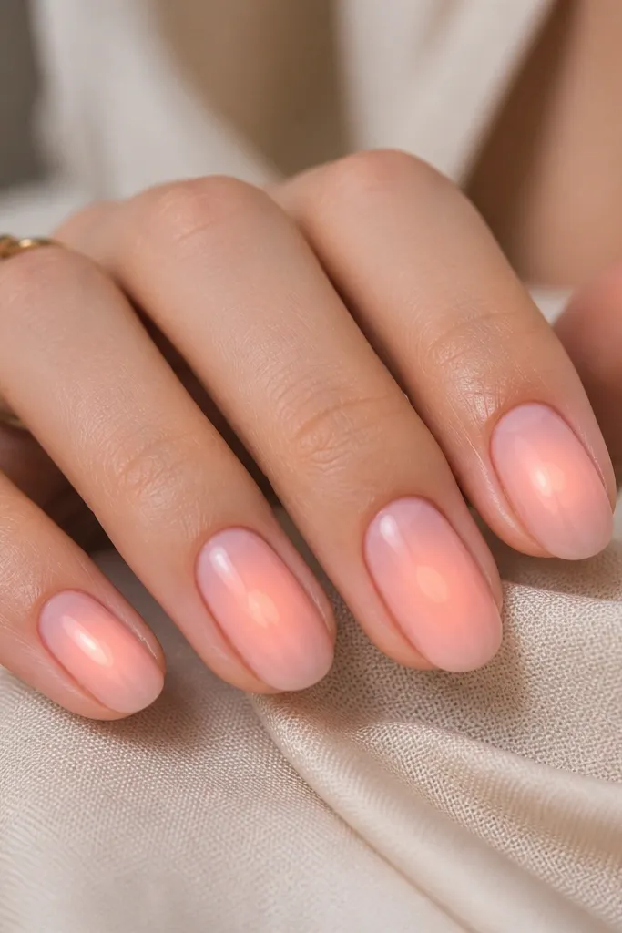 Blush nails with a centered peach halo that looks like a glowing circle in the middle. The halo fades outward with a smooth gradient, no hard edges.
