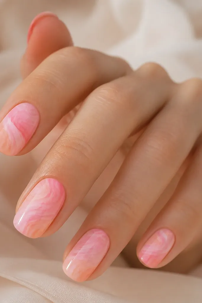 Swirly tie-dye effect across the nail: pale pink ribbons blend into peach at the edges. The swirl lines are soft and cloudy, with no crisp outlines.