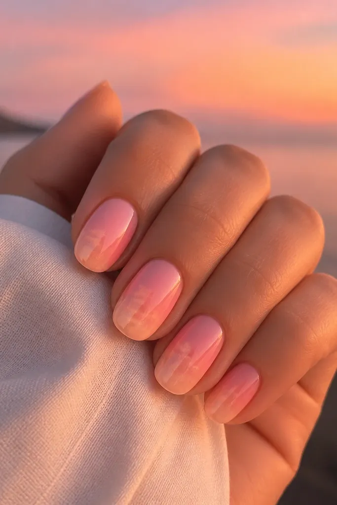 Pink sunset nails that look soft and dreamy