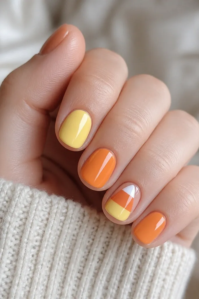 Five short nails. Two nails are solid pale yellow, two are solid soft orange, and one nail has a simple candy-corn triangle in white at the tip, orange in the middle, and yellow at the base. The triangle edges are crisp and centered with tiny negative-space gaps on both sides.