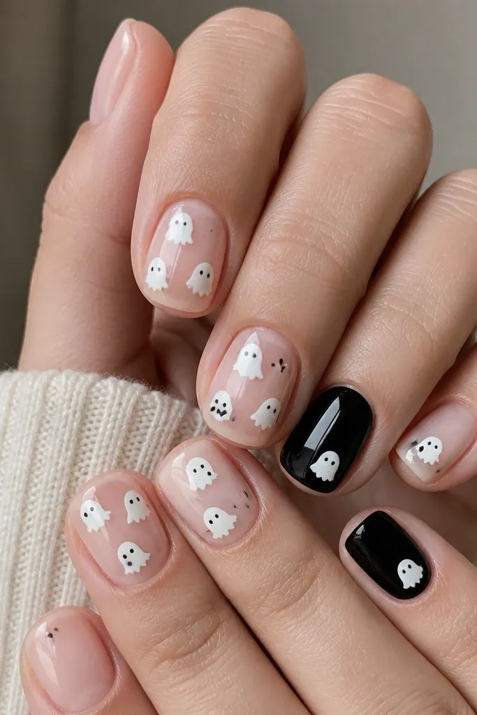 Short nails on a nude base with three nails covered by tiny white ghost decals. Two nails are solid black with a single small ghost near the cuticle. Ghosts have scalloped bottoms and simple dot eyes.