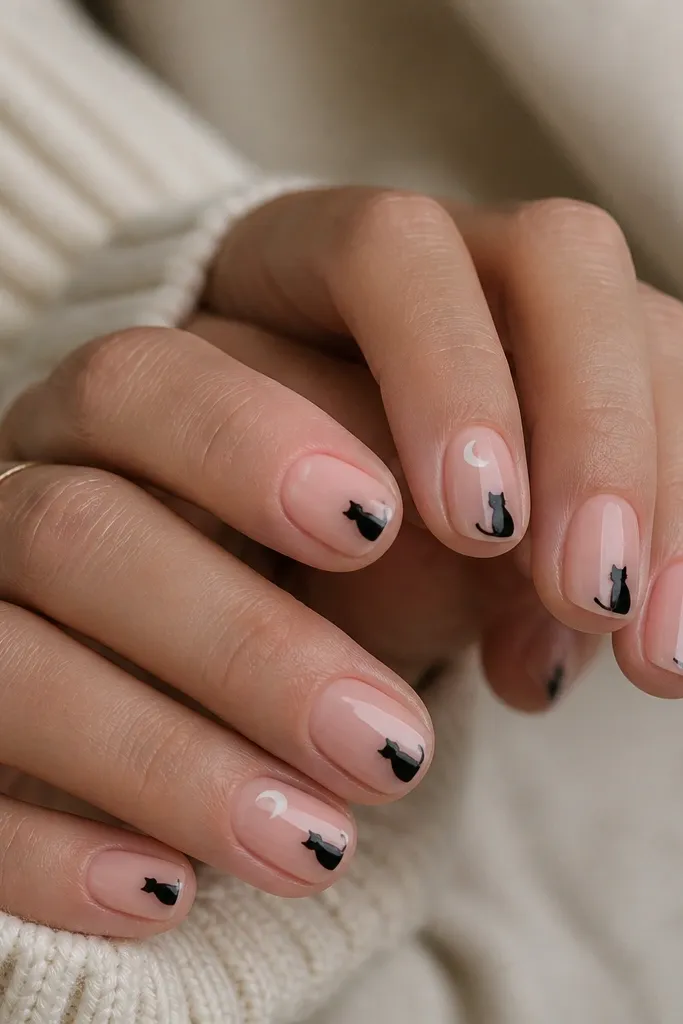Short nails with a sheer pink base. On each nail, a tiny black cat silhouette sits on the side near the tip, facing inward, with ears pointed upward. Some nails have a small white crescent moon near the cuticle.