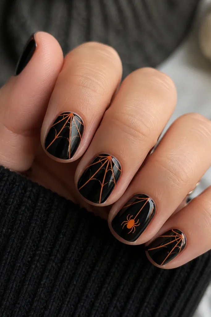 Short nails painted glossy black. Each nail has a thin webline made from two orange striping lines that meet near the center, then split outward like a simple spiderweb. One nail has a small spider icon in orange.