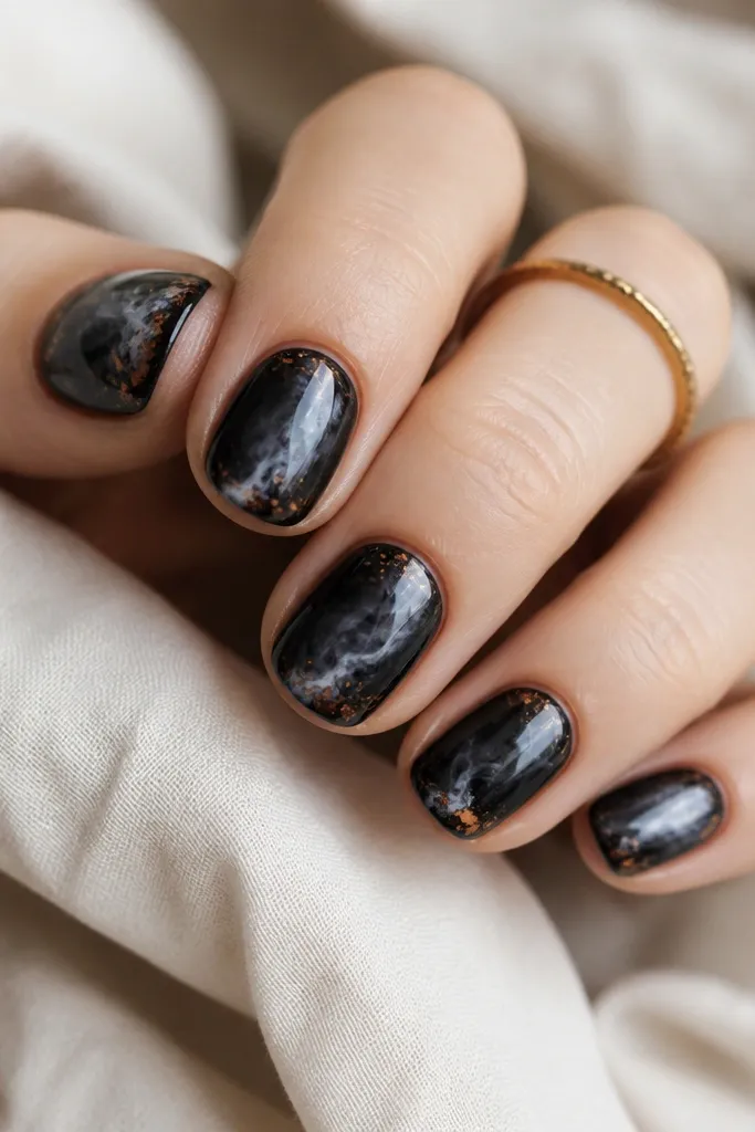 Short nails with a glossy dark base. Each nail has a gray-white marble swirl that looks like thin smoke, with a few orange flecks near the tip. The swirls are soft and irregular, not perfectly symmetrical.