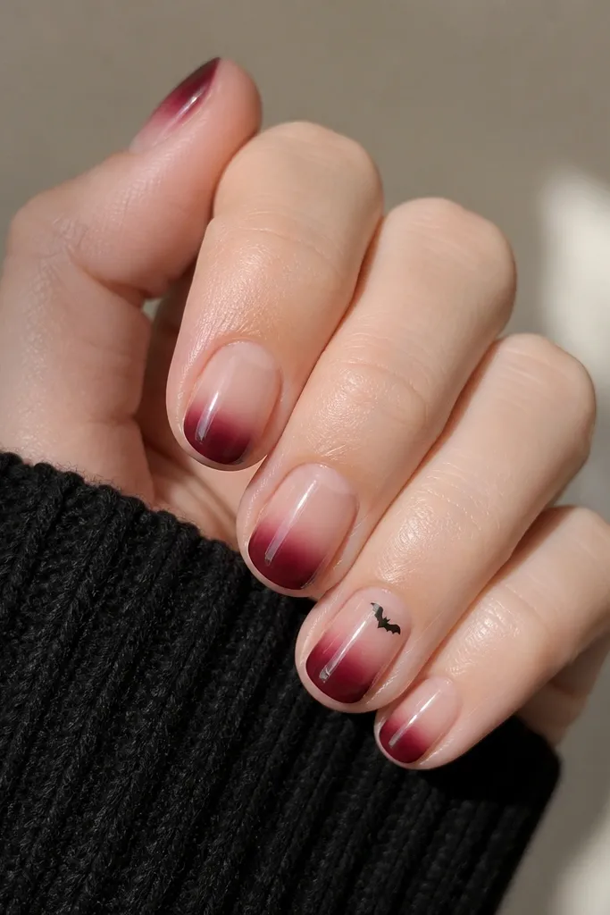 Short nails with a nude base. The tips have a deep wine-red gradient that fades into the nude. One accent nail has a tiny black bat near the cuticle and a single white highlight line on the gradient edge.