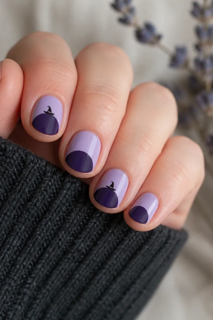 Short nails with a pale lavender base. Across the center of each nail is a dark purple half-moon. Two nails have tiny black witch hat silhouettes sitting on the half-moon edge.