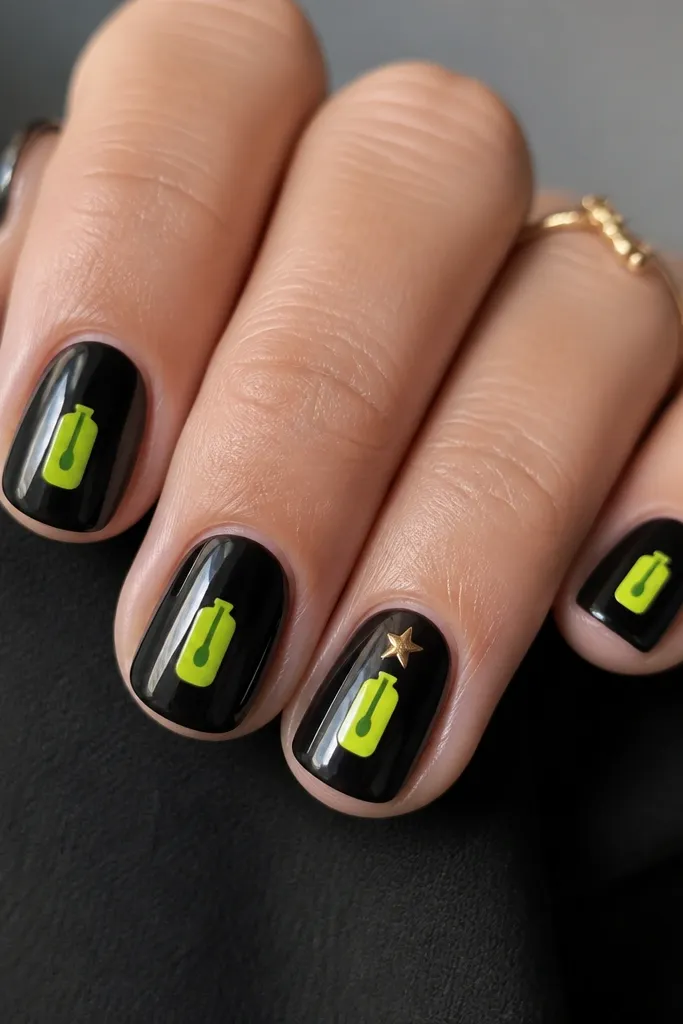 Short nails on a glossy black base. Each nail has a small lime-green potion bottle shape near the center made from a rounded rectangle, with a thin drip line down the middle. One nail also has a tiny gold star near the top.